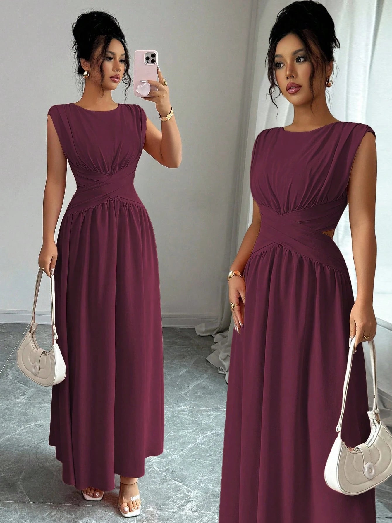 Elenzga Women's Elegant Dark Purple Round Neck Sleeveless Maxi Dress,Summer Vintage Hollow Waist Crisscross Pleated A-Line Dress For Dining,Office,Vacation