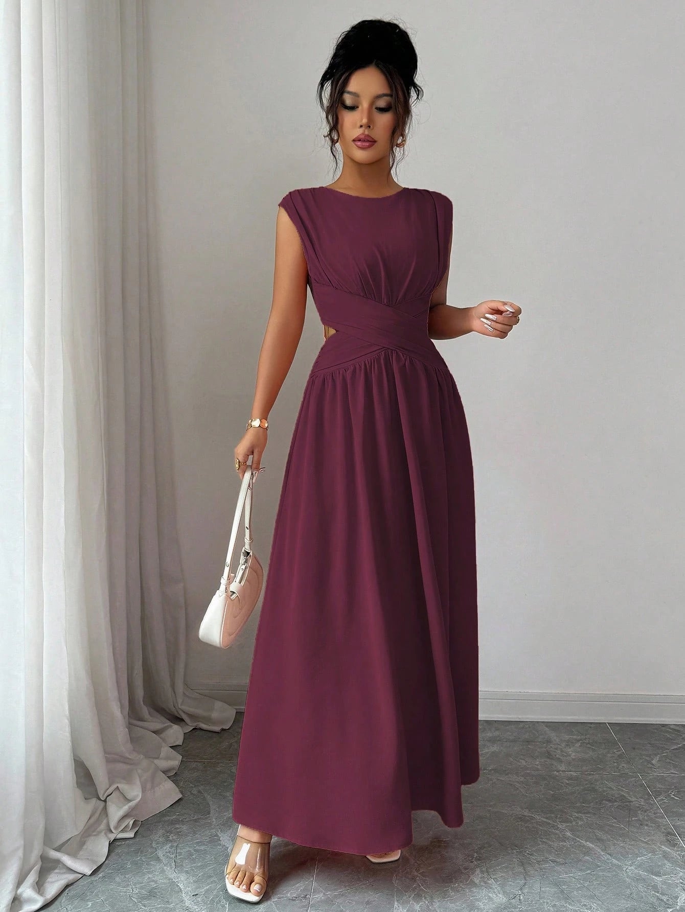 Elenzga Women's Elegant Dark Purple Round Neck Sleeveless Maxi Dress,Summer Vintage Hollow Waist Crisscross Pleated A-Line Dress For Dining,Office,Vacation