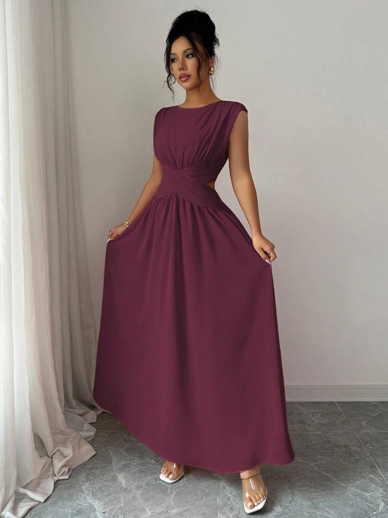 Elenzga Women's Elegant Dark Purple Round Neck Sleeveless Maxi Dress,Summer Vintage Hollow Waist Crisscross Pleated A-Line Dress For Dining,Office,Vacation