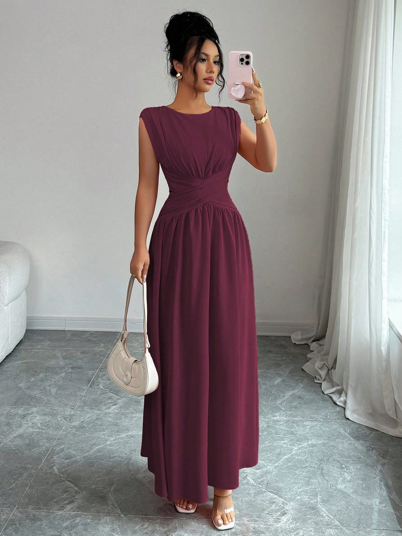 Elenzga Women's Elegant Dark Purple Round Neck Sleeveless Maxi Dress,Summer Vintage Hollow Waist Crisscross Pleated A-Line Dress For Dining,Office,Vacation
