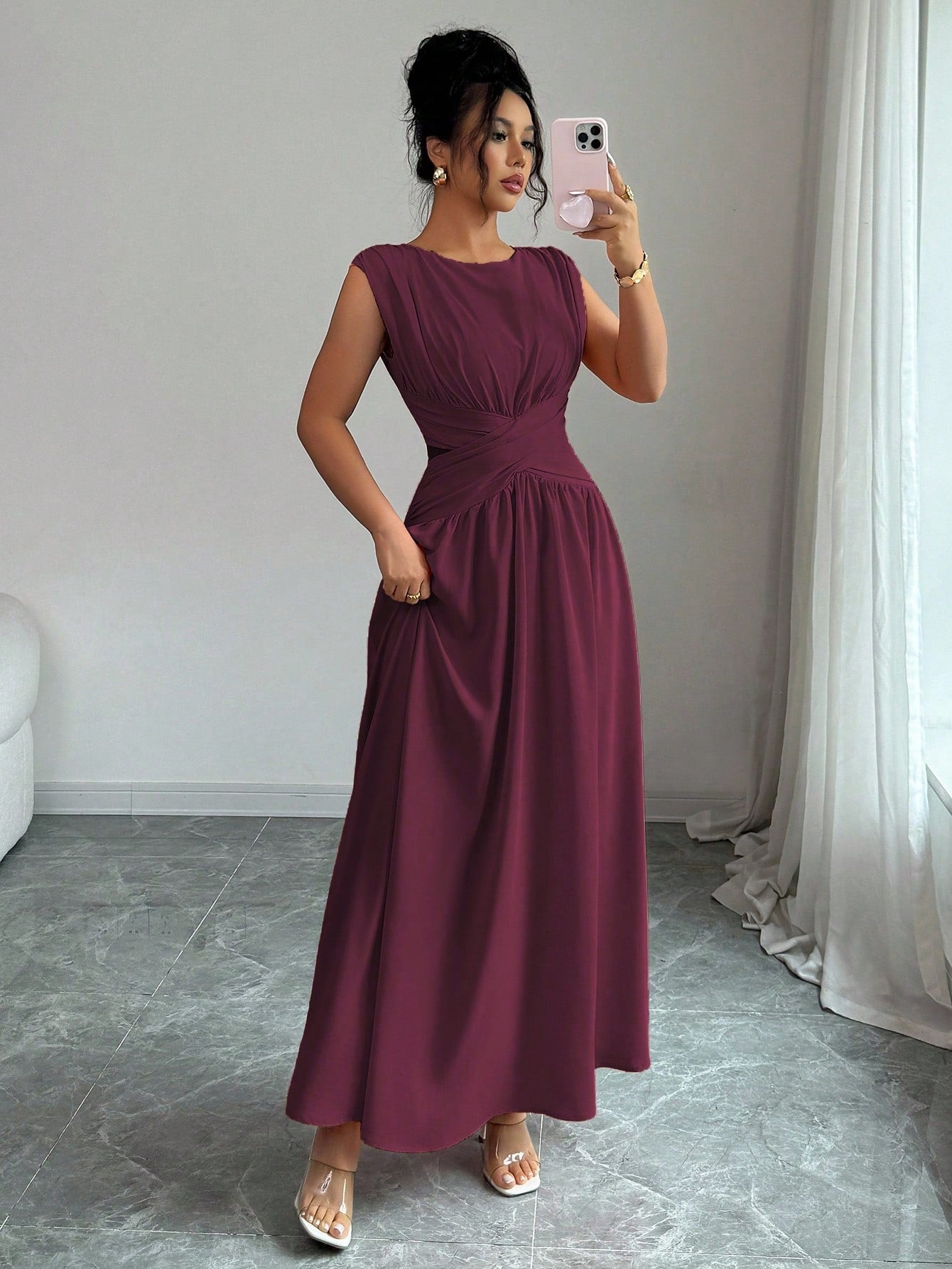Elenzga Women's Elegant Dark Purple Round Neck Sleeveless Maxi Dress,Summer Vintage Hollow Waist Crisscross Pleated A-Line Dress For Dining,Office,Vacation