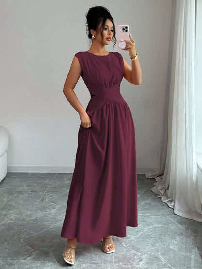 Elenzga Women's Elegant Dark Purple Round Neck Sleeveless Maxi Dress,Summer Vintage Hollow Waist Crisscross Pleated A-Line Dress For Dining,Office,Vacation