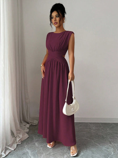 Elenzga Women's Elegant Dark Purple Round Neck Sleeveless Maxi Dress,Summer Vintage Hollow Waist Crisscross Pleated A-Line Dress For Dining,Office,Vacation