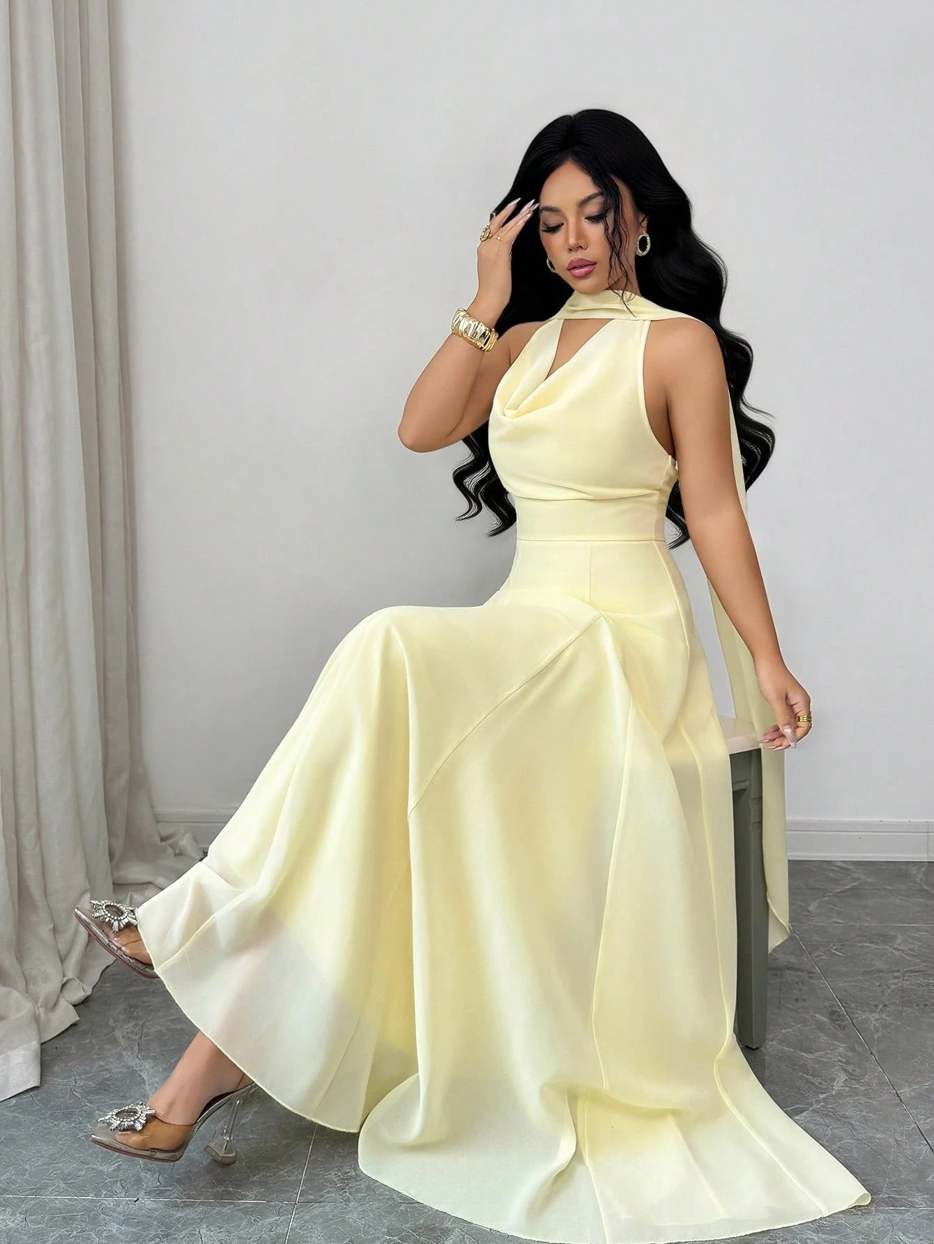 Elenzga Women's Elegant Flowy Draped Neck Tie Waist A-Line Solid Yellow Dress, Suitable For Beach Vacation, Travel, Sleeveless, High-End