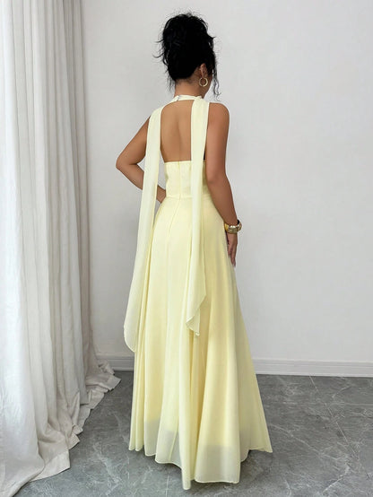 Elenzga Women's Elegant Flowy Draped Neck Tie Waist A-Line Solid Yellow Dress, Suitable For Beach Vacation, Travel, Sleeveless, High-End