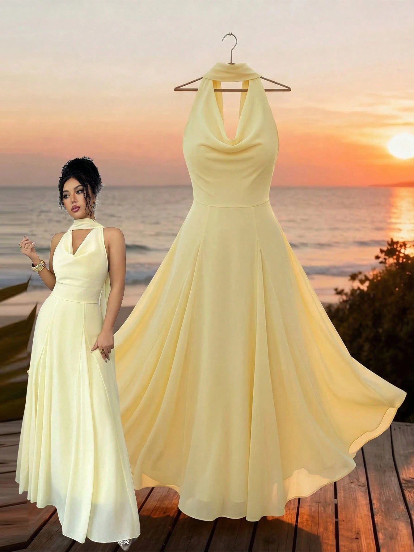 Elenzga Women's Elegant Flowy Draped Neck Tie Waist A-Line Solid Yellow Dress, Suitable For Beach Vacation, Travel, Sleeveless, High-End