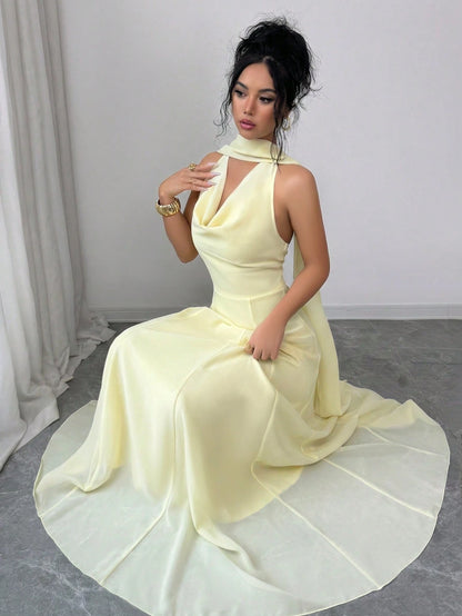 Elenzga Women's Elegant Flowy Draped Neck Tie Waist A-Line Solid Yellow Dress, Suitable For Beach Vacation, Travel, Sleeveless, High-End
