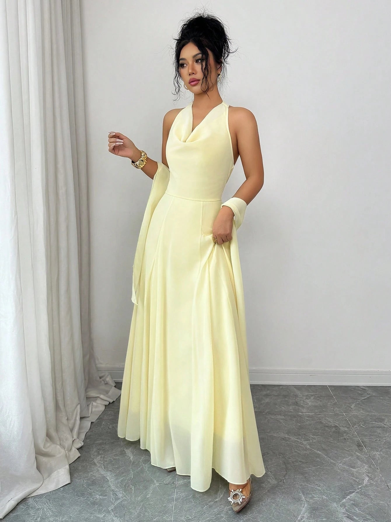 Elenzga Women's Elegant Flowy Draped Neck Tie Waist A-Line Solid Yellow Dress, Suitable For Beach Vacation, Travel, Sleeveless, High-End