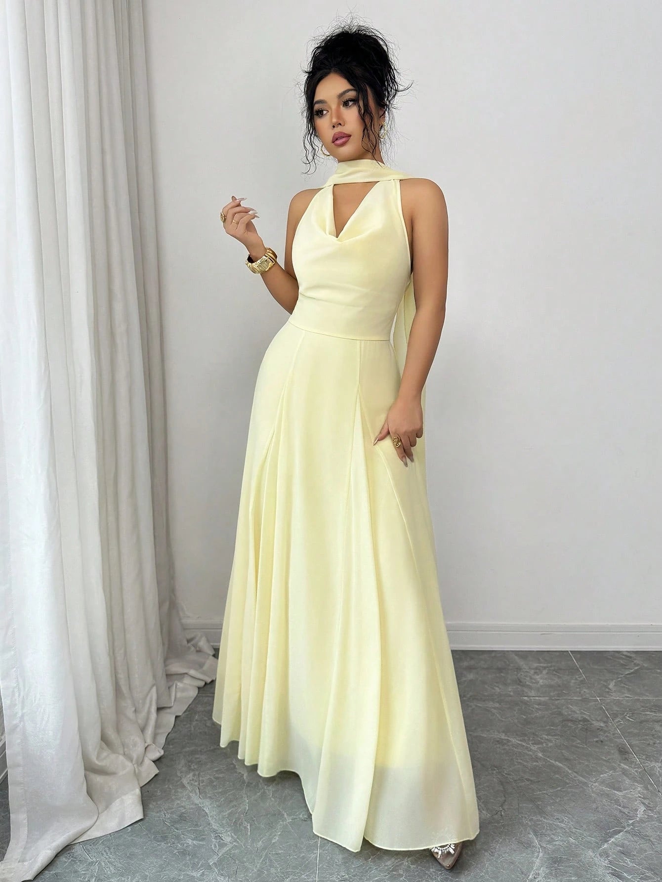 Elenzga Women's Elegant Flowy Draped Neck Tie Waist A-Line Solid Yellow Dress, Suitable For Beach Vacation, Travel, Sleeveless, High-End