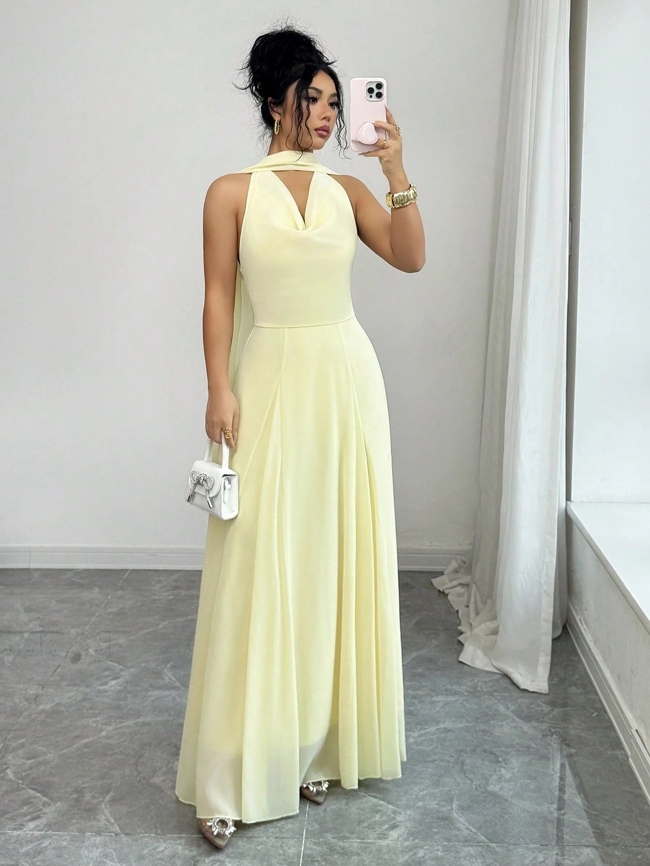 Elenzga Women's Elegant Flowy Draped Neck Tie Waist A-Line Solid Yellow Dress, Suitable For Beach Vacation, Travel, Sleeveless, High-End