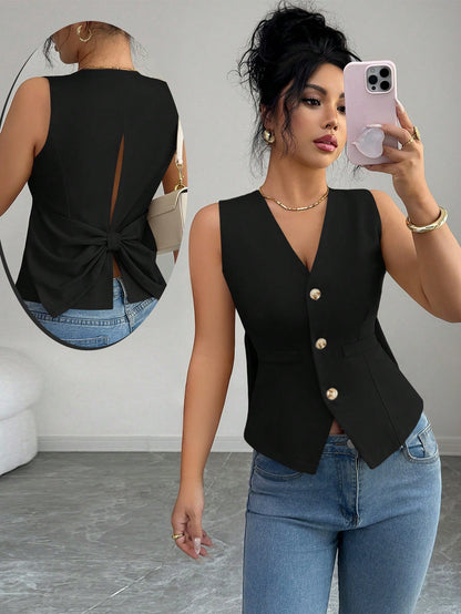 Elenzga Women's Elegant Summer Office Tank Top,Black And Gold V-Neck Sleeveless Fitted Slim Fit Vest,Solid Color Bow Tie Back Flattering Top For Commuting