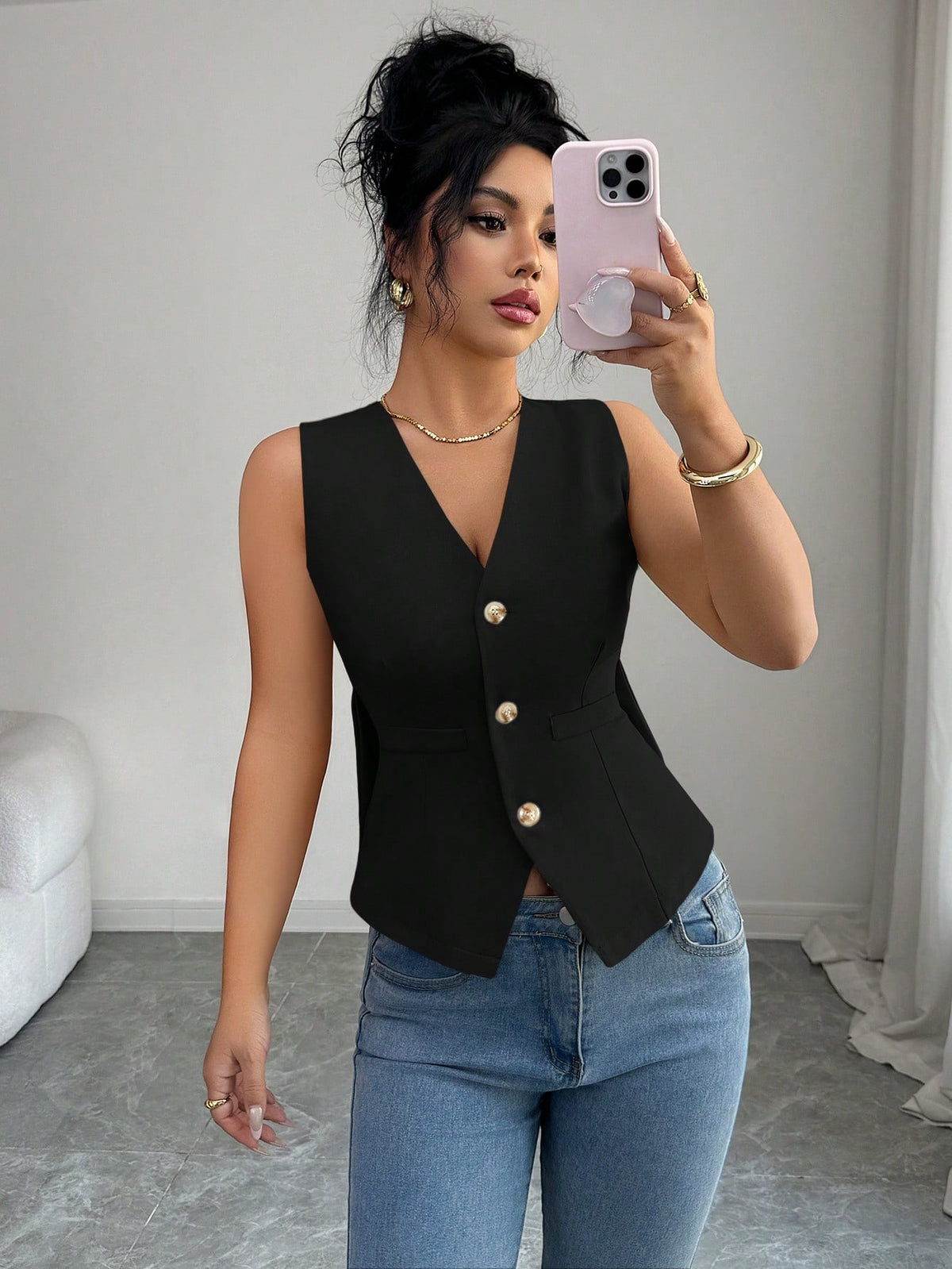 Elenzga Women's Elegant Summer Office Tank Top,Black And Gold V-Neck Sleeveless Fitted Slim Fit Vest,Solid Color Bow Tie Back Flattering Top For Commuting