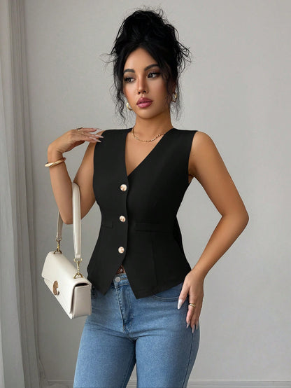Elenzga Women's Elegant Summer Office Tank Top,Black And Gold V-Neck Sleeveless Fitted Slim Fit Vest,Solid Color Bow Tie Back Flattering Top For Commuting