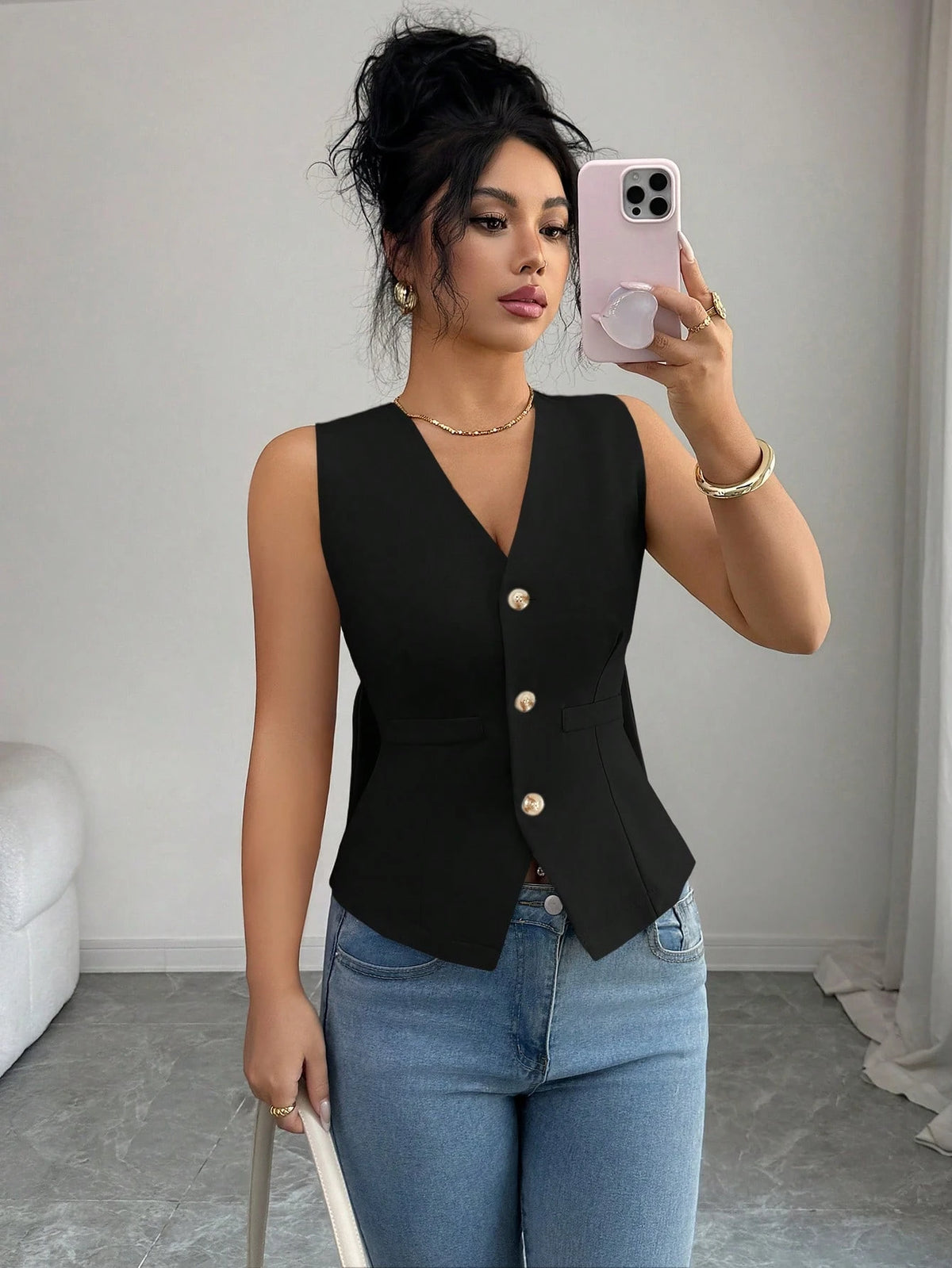 Elenzga Women's Elegant Summer Office Tank Top,Black And Gold V-Neck Sleeveless Fitted Slim Fit Vest,Solid Color Bow Tie Back Flattering Top For Commuting