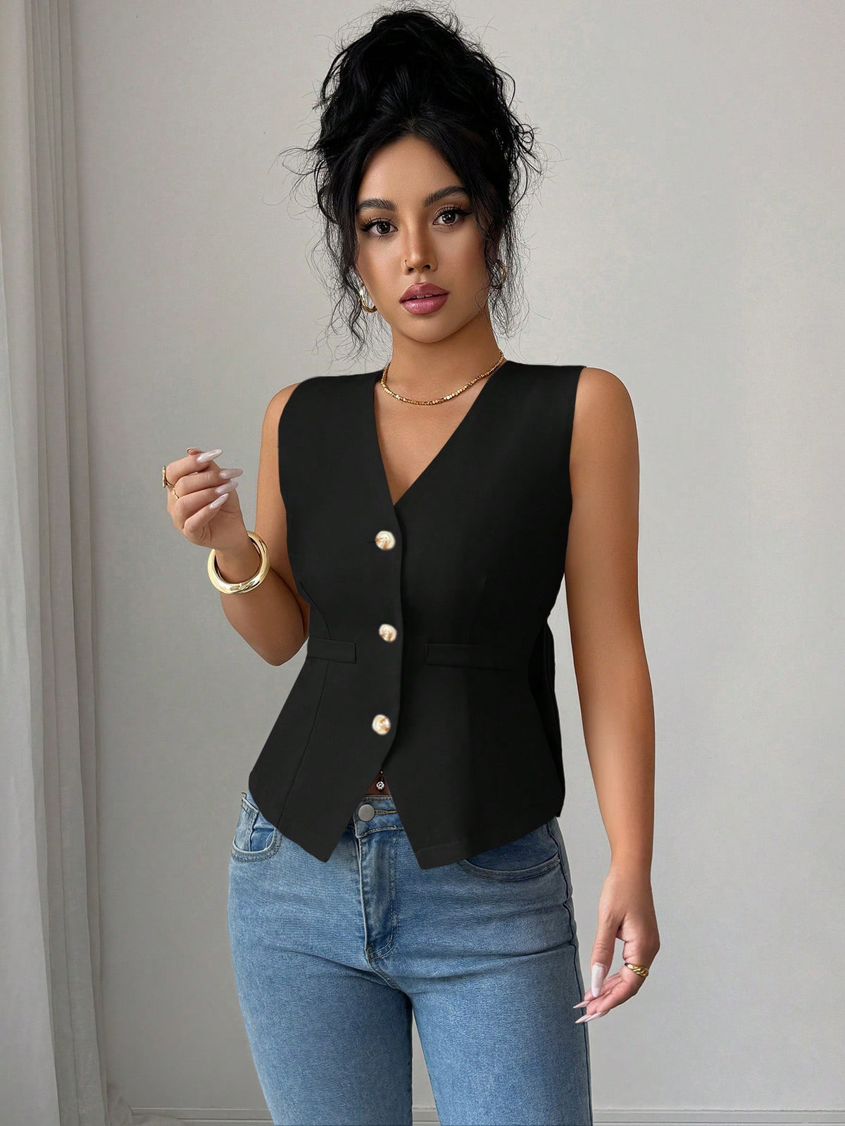 Elenzga Women's Elegant Summer Office Tank Top,Black And Gold V-Neck Sleeveless Fitted Slim Fit Vest,Solid Color Bow Tie Back Flattering Top For Commuting