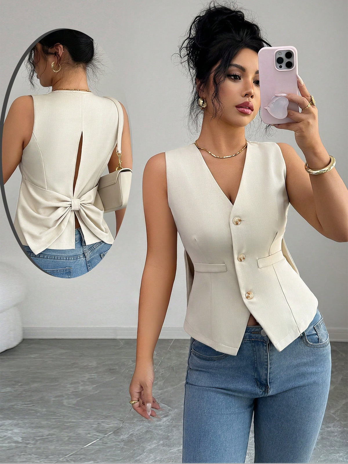 Elenzga Women's Elegant Summer Office Tank Top,Black And Gold V-Neck Sleeveless Fitted Slim Fit Vest,Solid Color Bow Tie Back Flattering Top For Commuting
