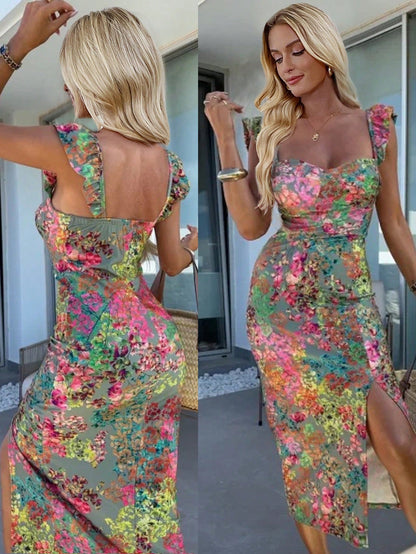 Elenzga Women's Floral Print Split Midi Dress, Summer