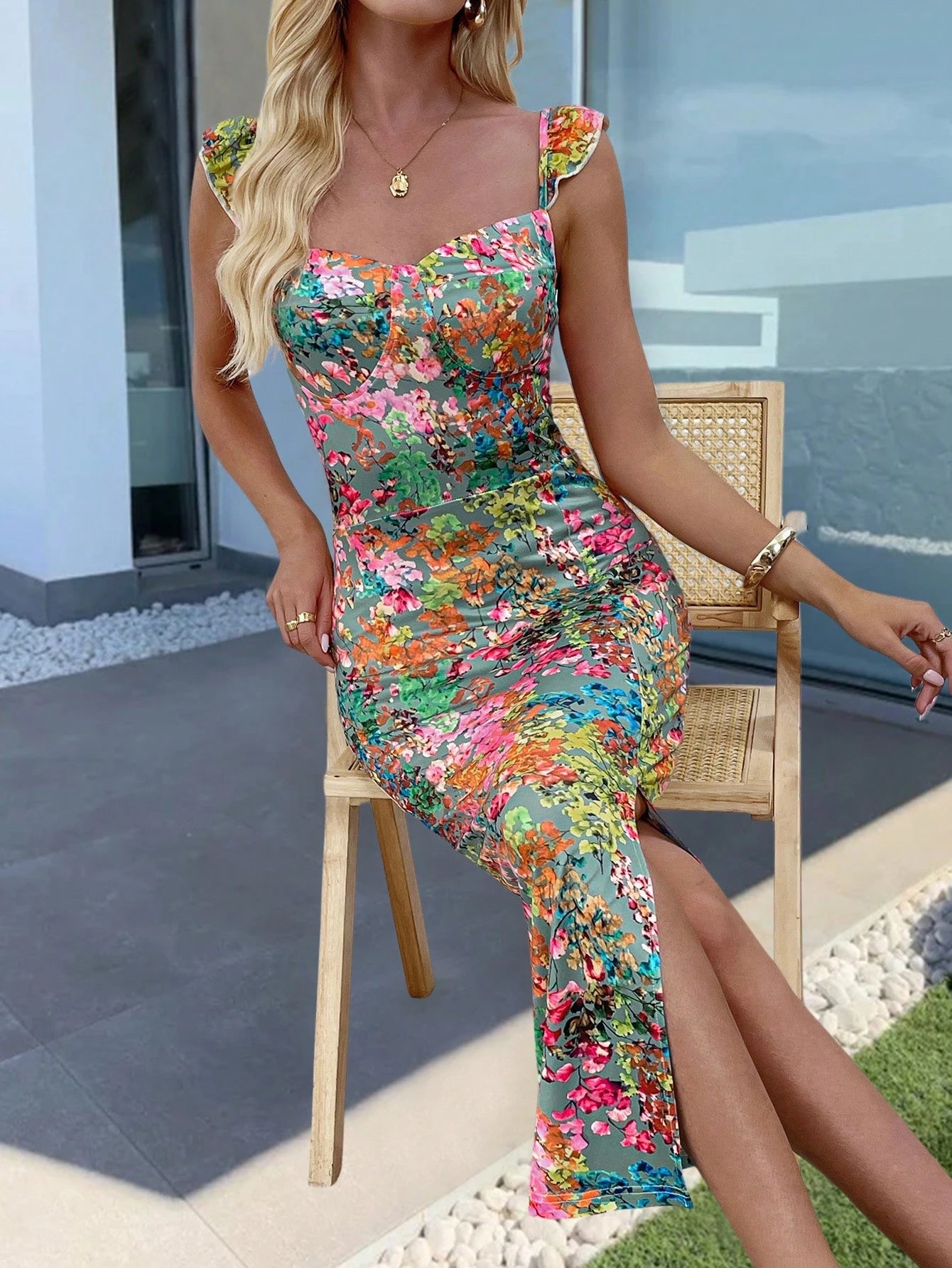 Elenzga Women's Floral Print Split Midi Dress, Summer