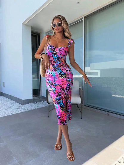 Elenzga Women's Floral Print Split Midi Dress, Summer