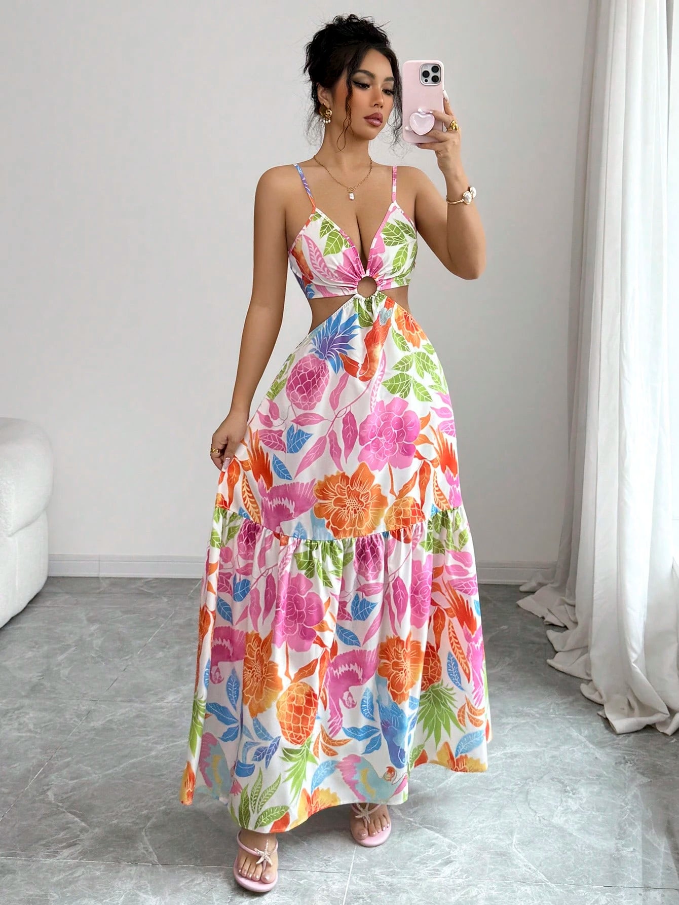 Elenzga Women's Printed Waist-Cinched Midi Dress, Suitable For Vacation, Daily Wear And Commuting