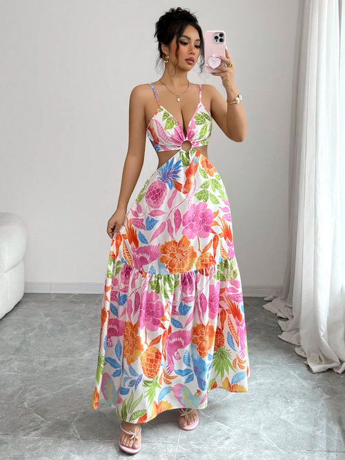 Elenzga Women's Printed Waist-Cinched Midi Dress, Suitable For Vacation, Daily Wear And Commuting
