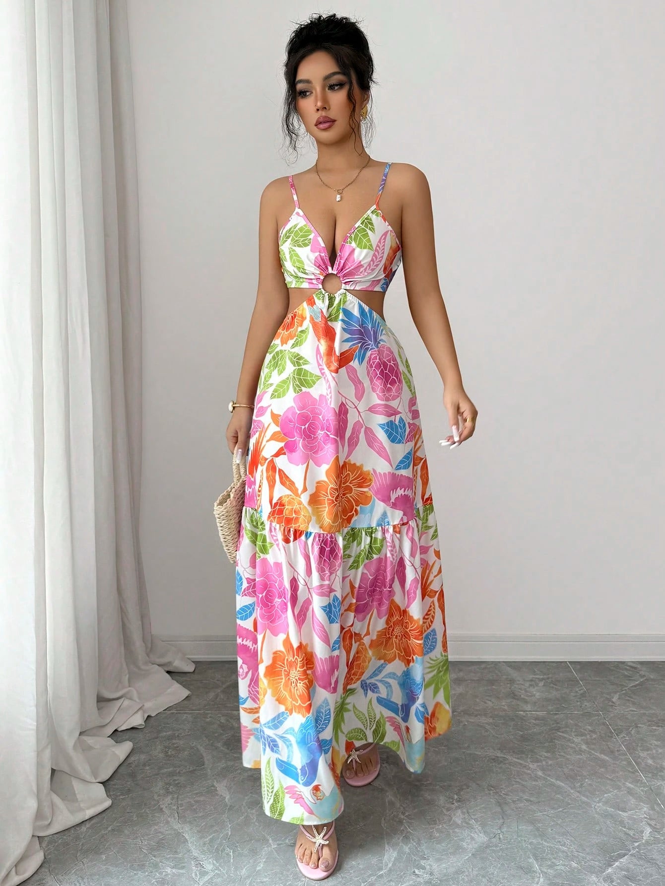 Elenzga Women's Printed Waist-Cinched Midi Dress, Suitable For Vacation, Daily Wear And Commuting