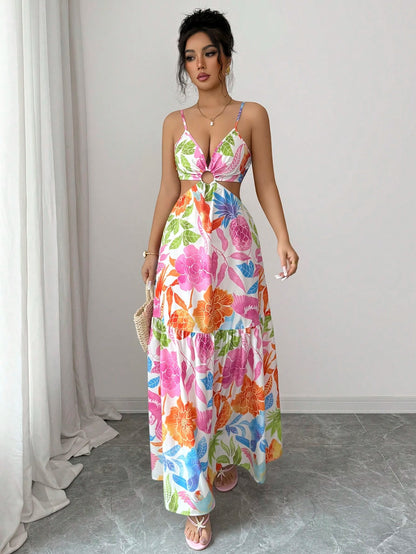 Elenzga Women's Printed Waist-Cinched Midi Dress, Suitable For Vacation, Daily Wear And Commuting