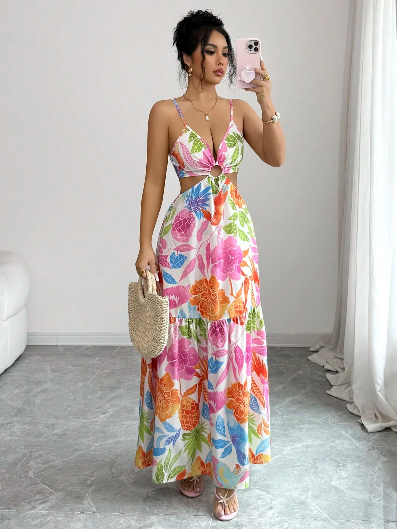 Elenzga Women's Printed Waist-Cinched Midi Dress, Suitable For Vacation, Daily Wear And Commuting