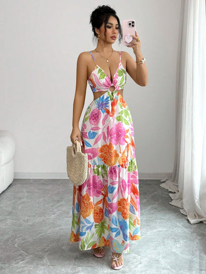 Elenzga Women's Printed Waist-Cinched Midi Dress, Suitable For Vacation, Daily Wear And Commuting