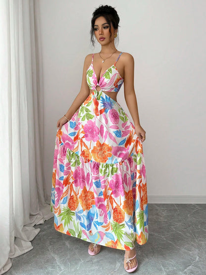 Elenzga Women's Printed Waist-Cinched Midi Dress, Suitable For Vacation, Daily Wear And Commuting