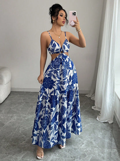 Elenzga Women's Printed Waist-Cinched Midi Dress, Suitable For Vacation, Daily Wear And Commuting
