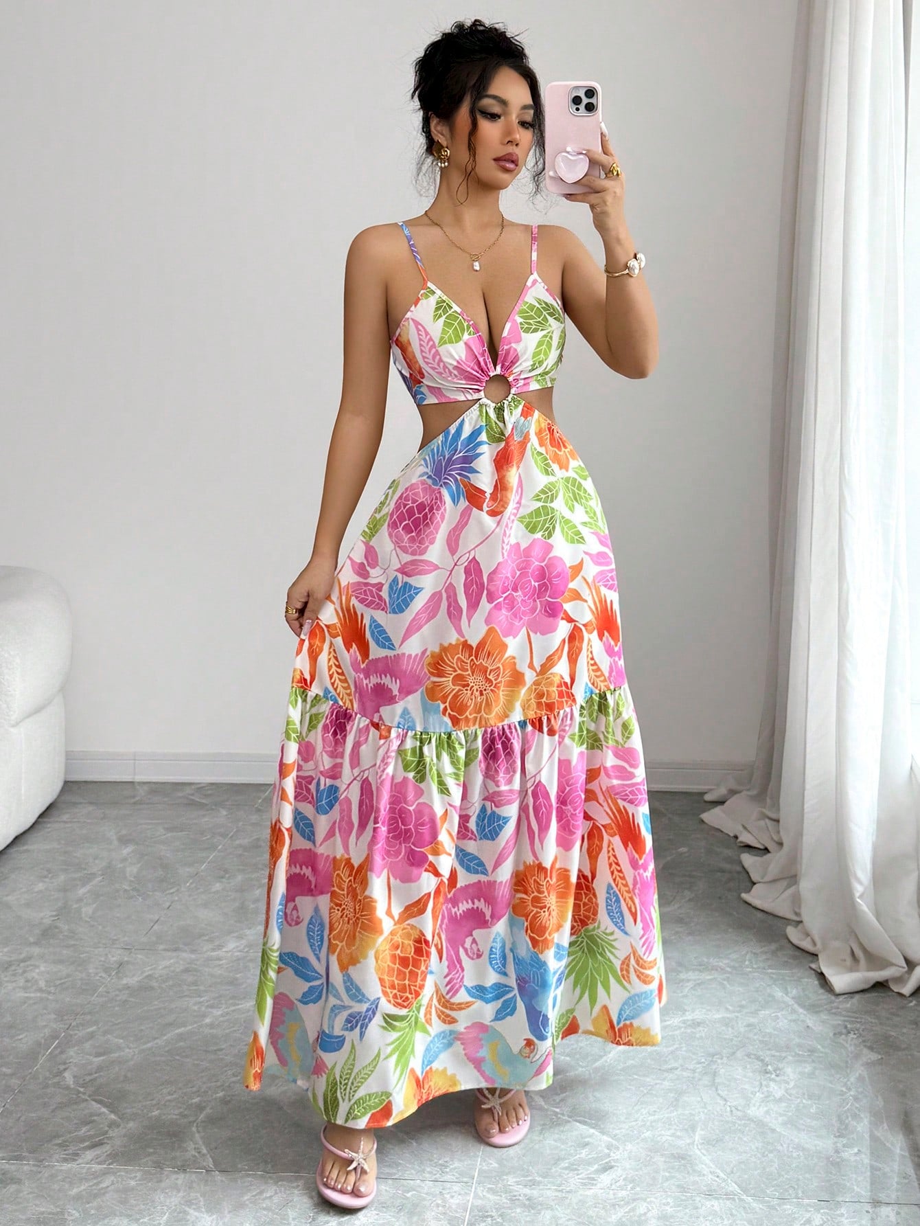 Elenzga Women's Printed Waist-Cinched Midi Dress, Suitable For Vacation, Daily Wear And Commuting