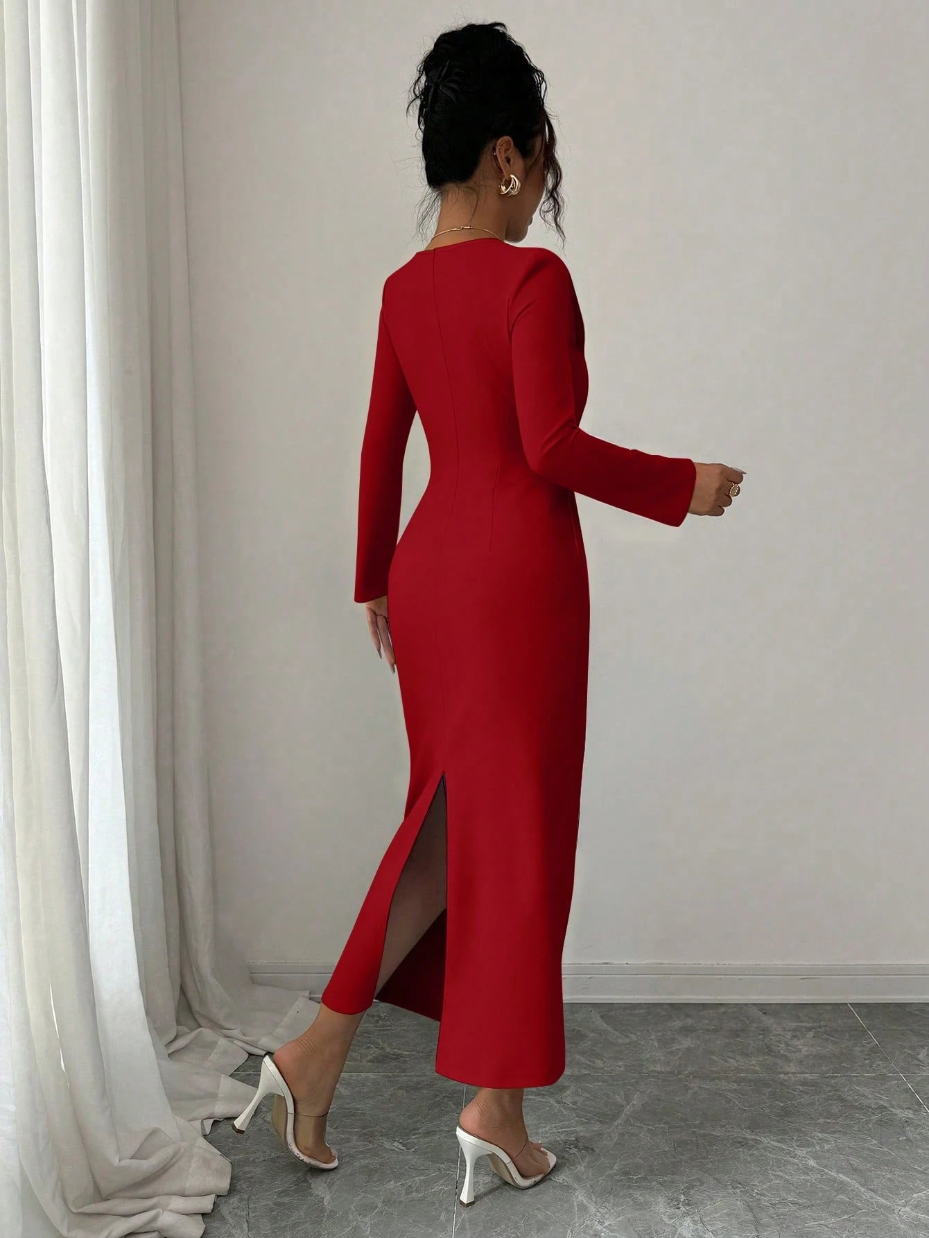 Elenzga Women's Red Winter Elegant Date Party Dress,Vintage Minimalist High-End Holiday Long Sleeve V-Neck Waist Pleated Solid Color Fitted Dress