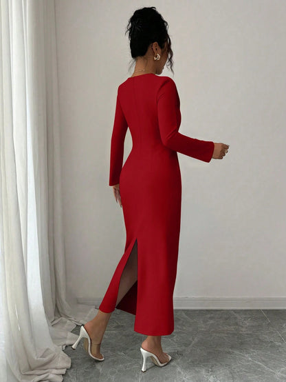 Elenzga Women's Red Winter Elegant Date Party Dress,Vintage Minimalist High-End Holiday Long Sleeve V-Neck Waist Pleated Solid Color Fitted Dress