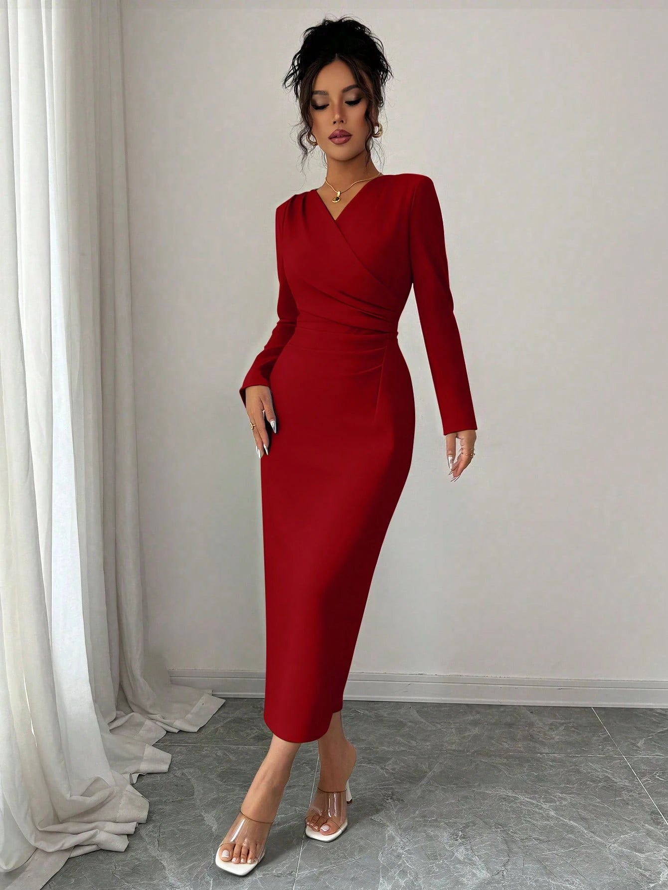 Elenzga Women's Red Winter Elegant Date Party Dress,Vintage Minimalist High-End Holiday Long Sleeve V-Neck Waist Pleated Solid Color Fitted Dress