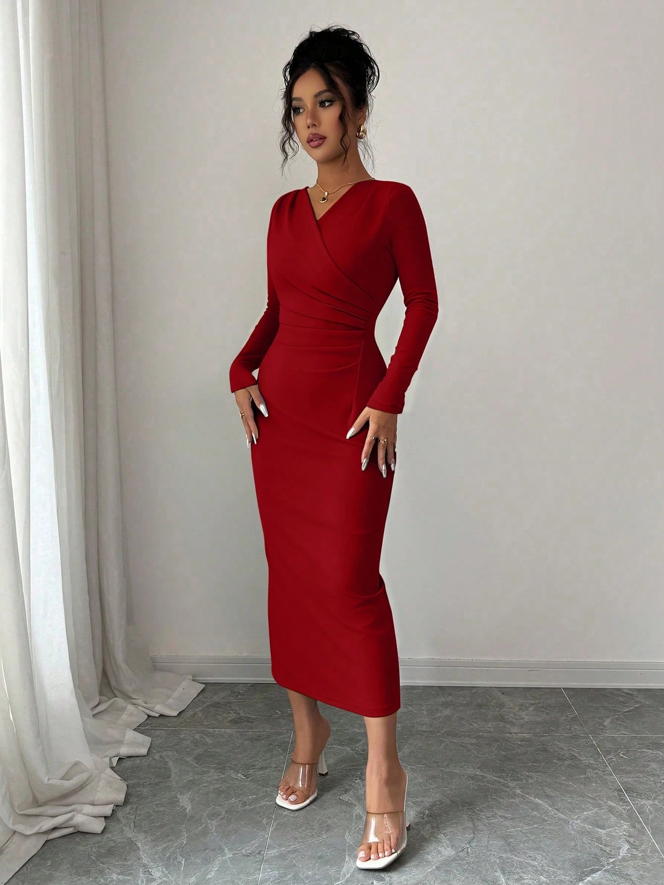 Elenzga Women's Red Winter Elegant Date Party Dress,Vintage Minimalist High-End Holiday Long Sleeve V-Neck Waist Pleated Solid Color Fitted Dress