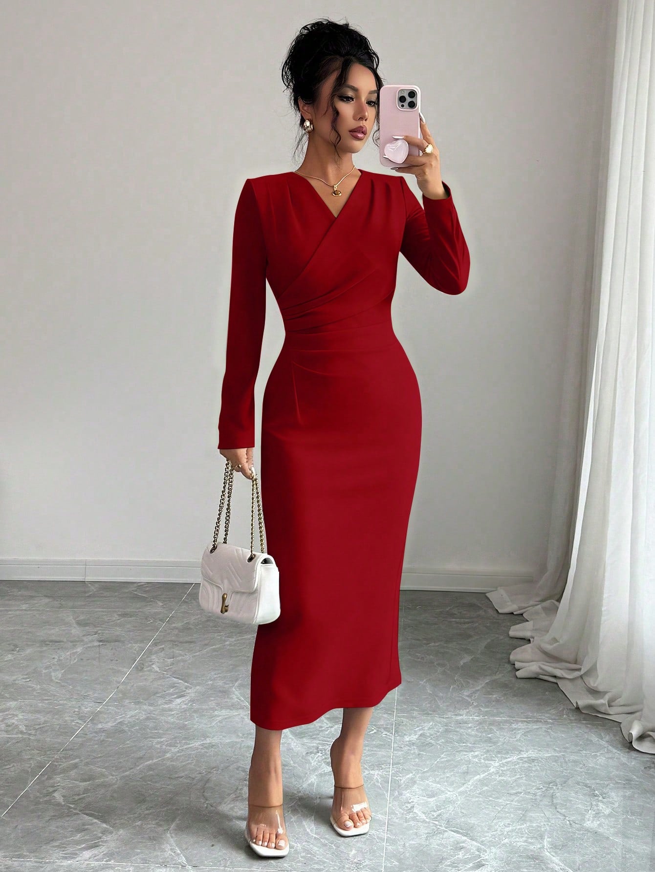 Elenzga Women's Red Winter Elegant Date Party Dress,Vintage Minimalist High-End Holiday Long Sleeve V-Neck Waist Pleated Solid Color Fitted Dress