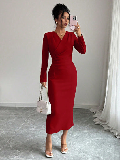 Elenzga Women's Red Winter Elegant Date Party Dress,Vintage Minimalist High-End Holiday Long Sleeve V-Neck Waist Pleated Solid Color Fitted Dress