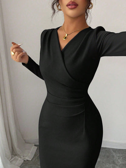 Elenzga Women's Red Winter Elegant Date Party Dress,Vintage Minimalist High-End Holiday Long Sleeve V-Neck Waist Pleated Solid Color Fitted Dress