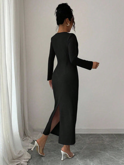 Elenzga Women's Red Winter Elegant Date Party Dress,Vintage Minimalist High-End Holiday Long Sleeve V-Neck Waist Pleated Solid Color Fitted Dress