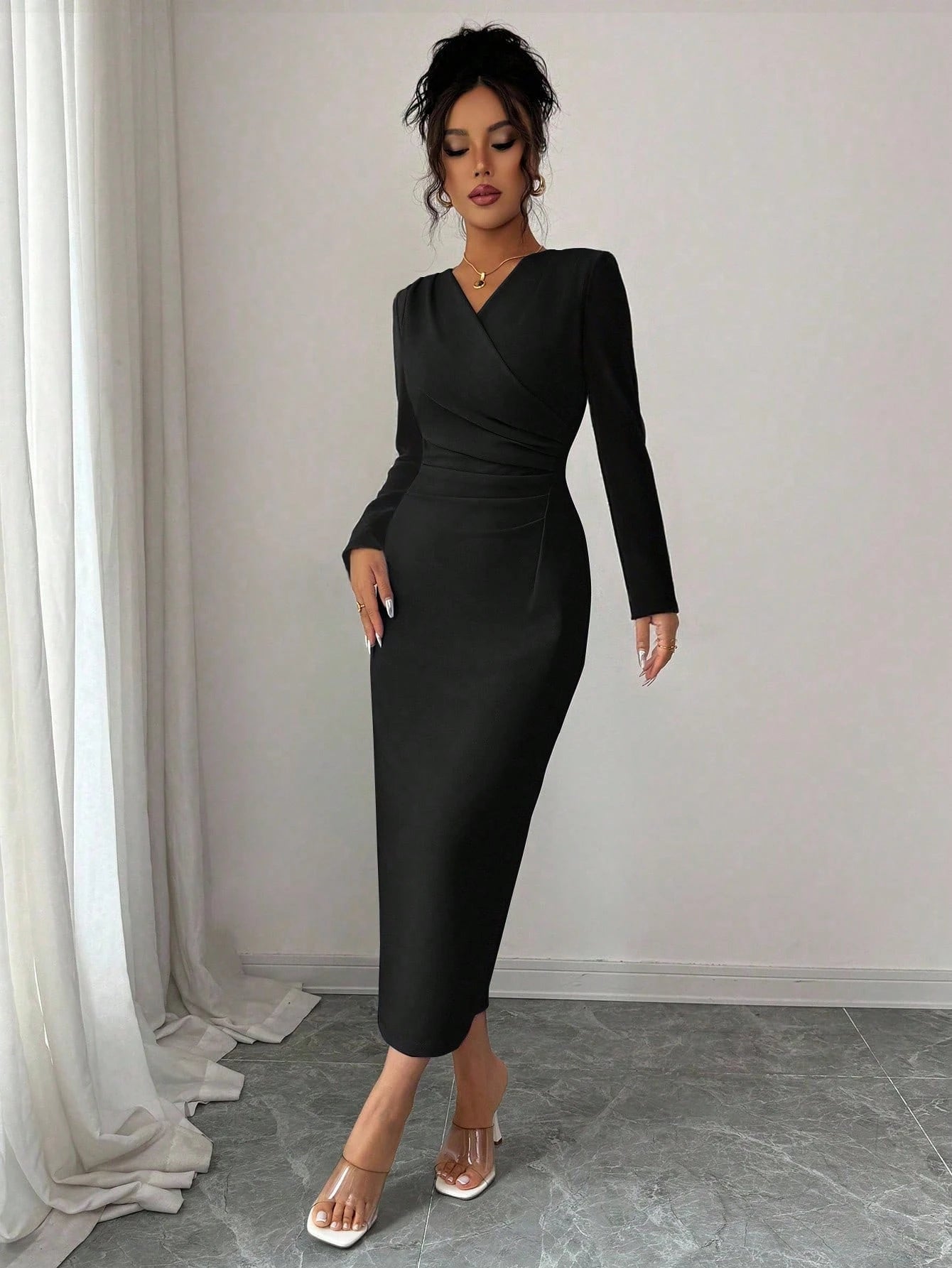 Elenzga Women's Red Winter Elegant Date Party Dress,Vintage Minimalist High-End Holiday Long Sleeve V-Neck Waist Pleated Solid Color Fitted Dress