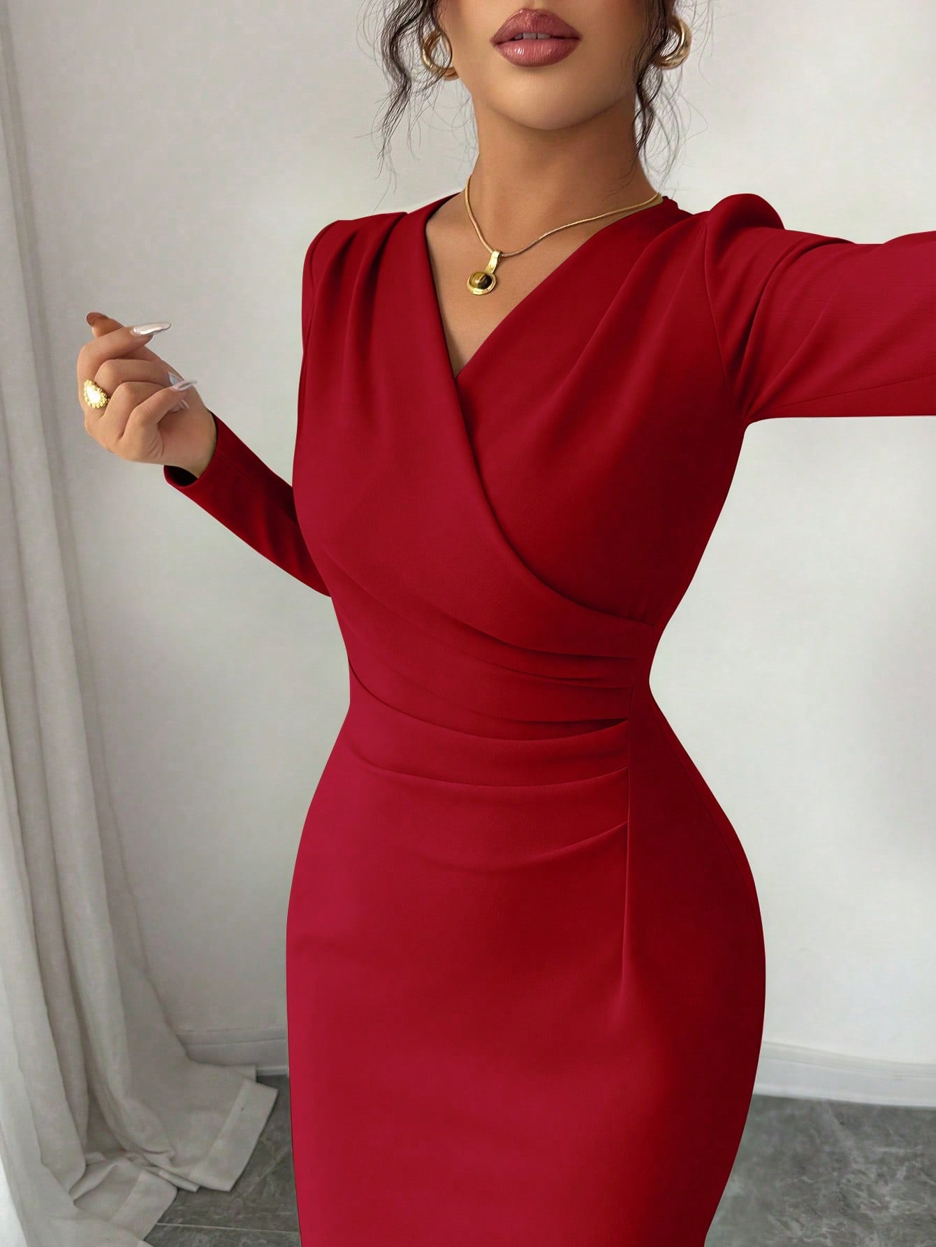 Elenzga Women's Red Winter Elegant Date Party Dress,Vintage Minimalist High-End Holiday Long Sleeve V-Neck Waist Pleated Solid Color Fitted Dress