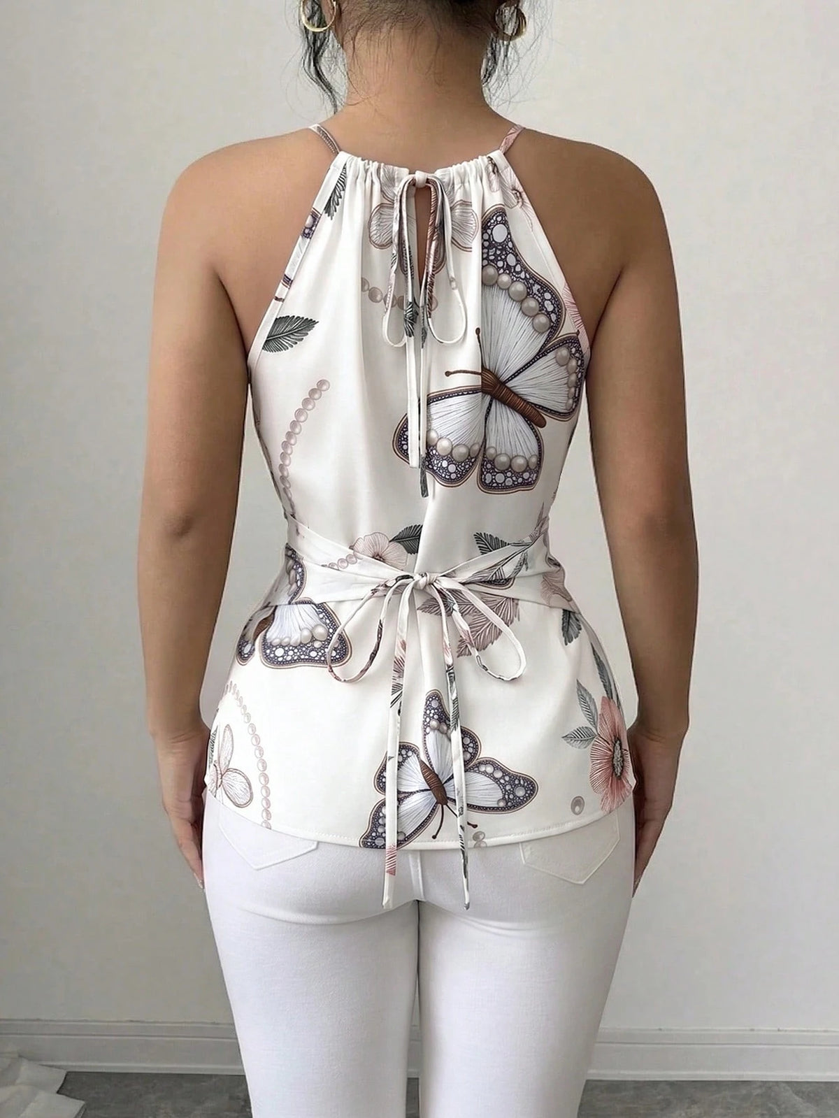 Elenzga Women's Spring/Summer Exquisite Elegant Butterfly Floral Print Spaghetti Strap Crossover Tie Waist Slimming Fitted Camisole Top