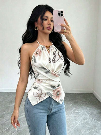 Elenzga Women's Spring/Summer Exquisite Elegant Butterfly Floral Print Spaghetti Strap Crossover Tie Waist Slimming Fitted Camisole Top