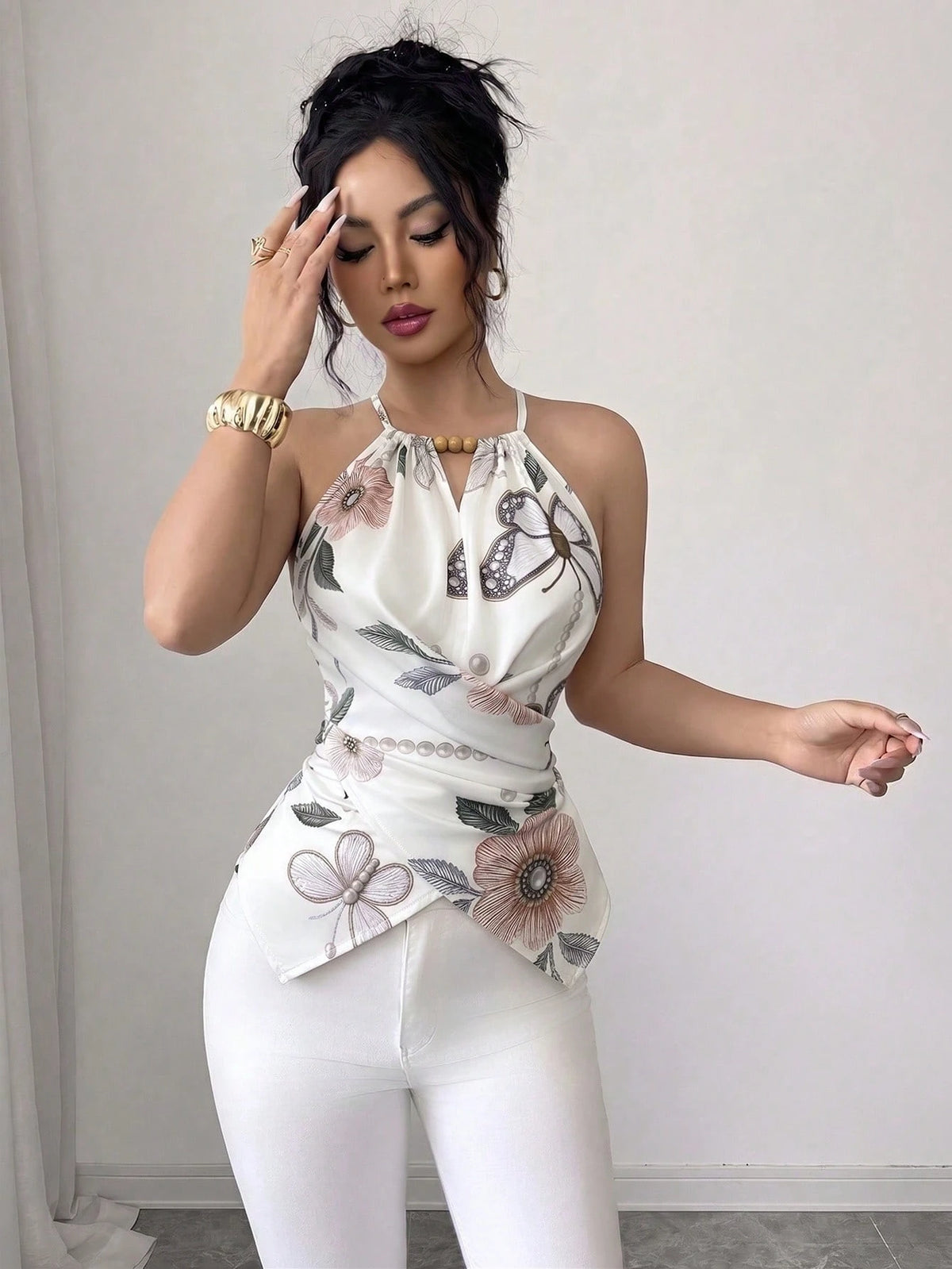 Elenzga Women's Spring/Summer Exquisite Elegant Butterfly Floral Print Spaghetti Strap Crossover Tie Waist Slimming Fitted Camisole Top