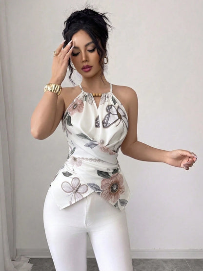 Elenzga Women's Spring/Summer Exquisite Elegant Butterfly Floral Print Spaghetti Strap Crossover Tie Waist Slimming Fitted Camisole Top
