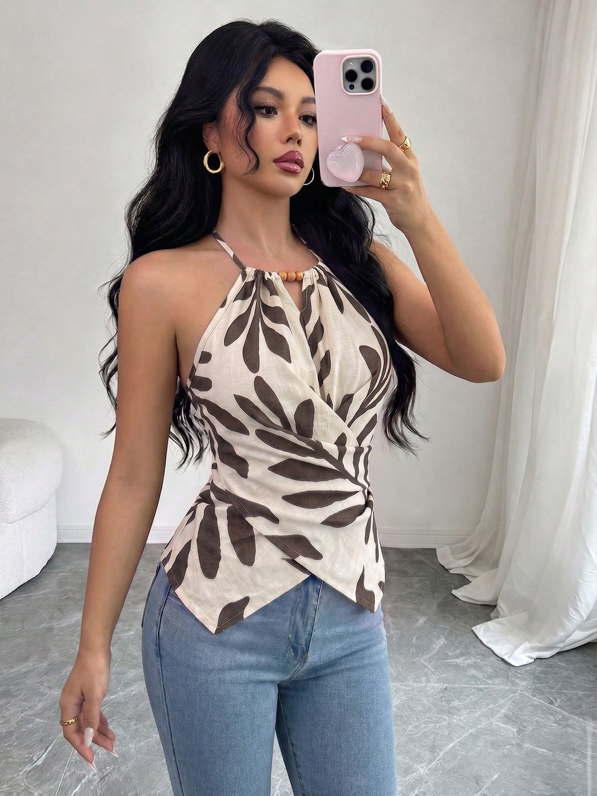Elenzga Women's Spring/Summer Exquisite Elegant Butterfly Floral Print Spaghetti Strap Crossover Tie Waist Slimming Fitted Camisole Top