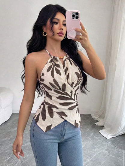 Elenzga Women's Spring/Summer Exquisite Elegant Butterfly Floral Print Spaghetti Strap Crossover Tie Waist Slimming Fitted Camisole Top