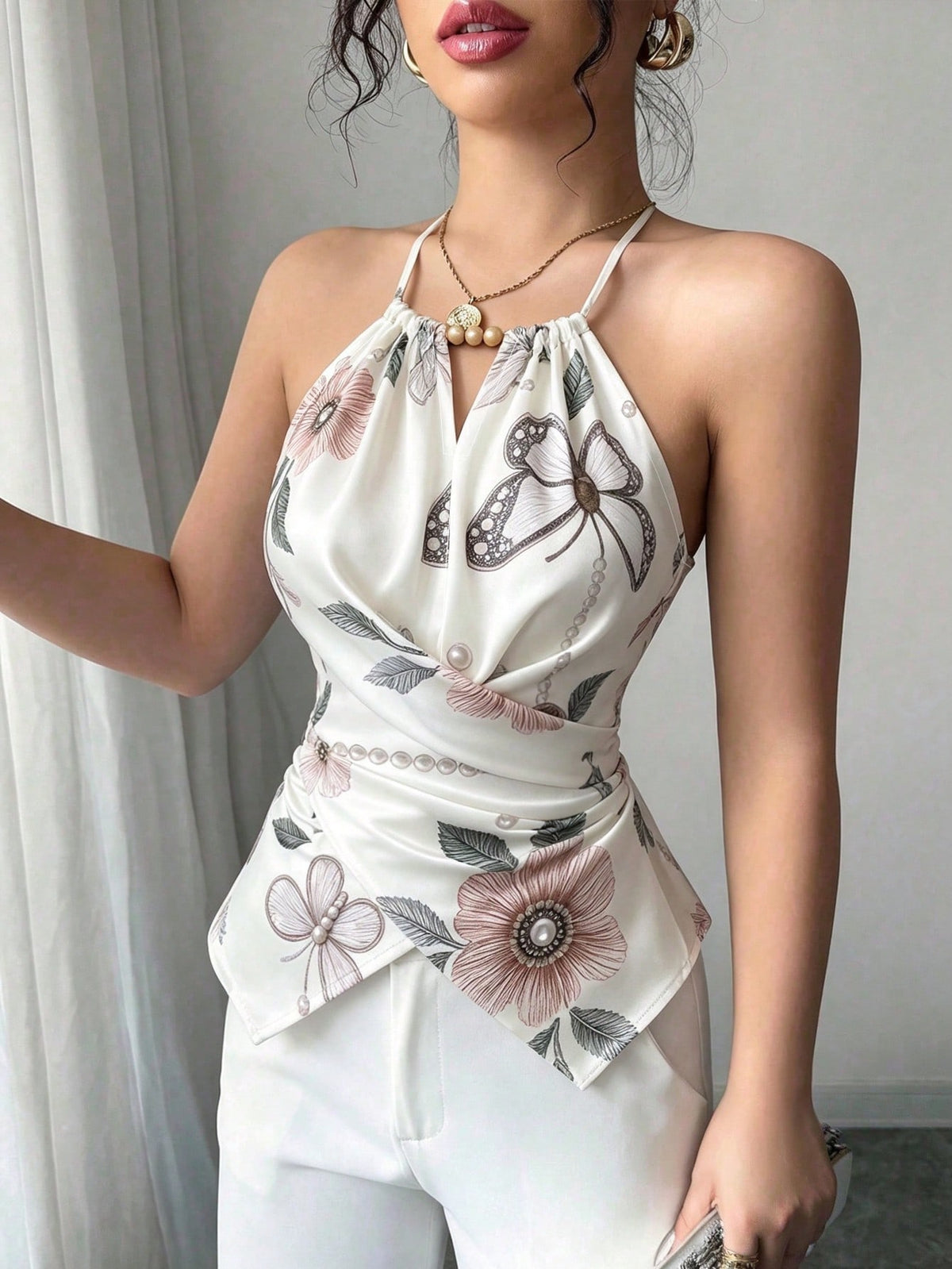 Elenzga Women's Spring/Summer Exquisite Elegant Butterfly Floral Print Spaghetti Strap Crossover Tie Waist Slimming Fitted Camisole Top
