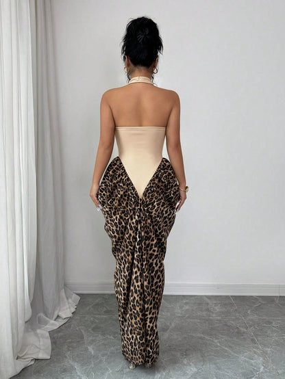 Elenzga Women's Spring/Summer Sexy Halter Tie-Up Leopard Print Patchwork Asymmetrical Design Bodycon Dress